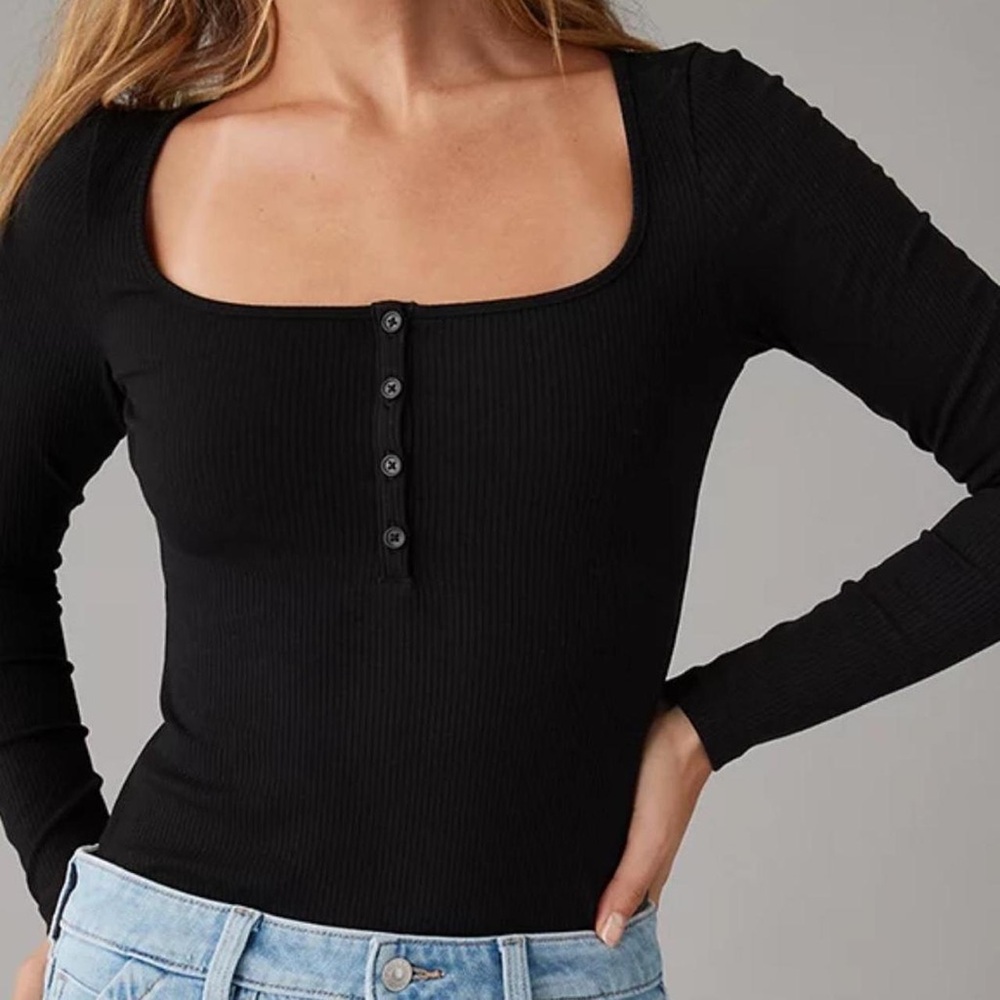 American Eagle Scoop Henley Bodysuit Black Size L